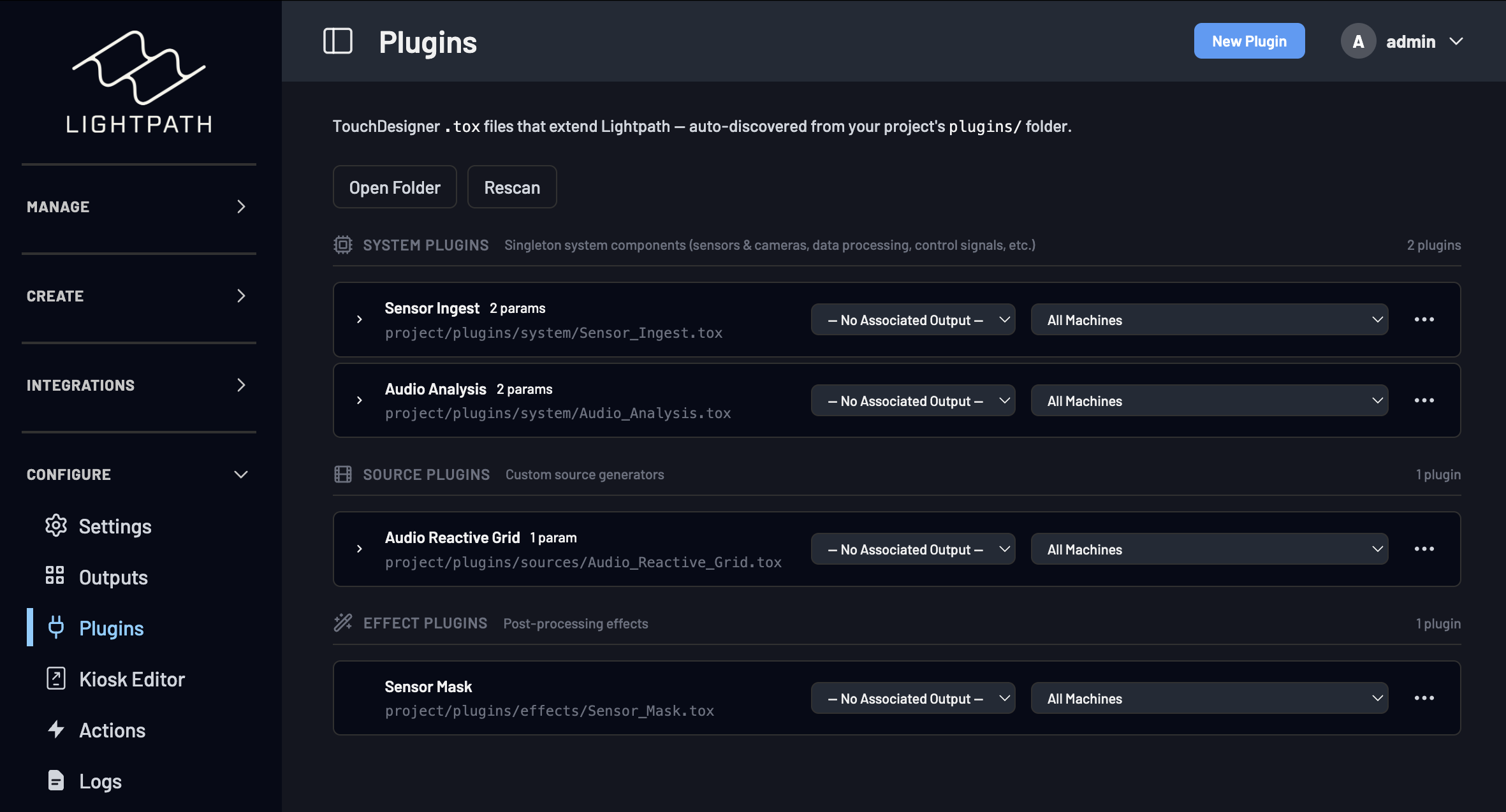 The Lightpath OS Plugins view: TouchDesigner .tox system, source, and effect plugins auto-discovered from the project